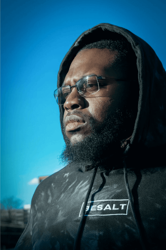 "BESALT" Box Logo Embroidered Hoodie | Cotton-Fleece | Navy